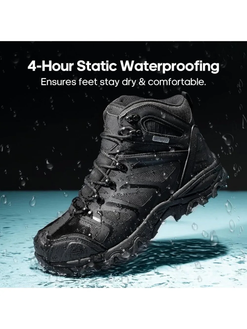 Men's Black Waterproof Shoes Casual Mid Top Steel Toe Non Slip Hiking Boots